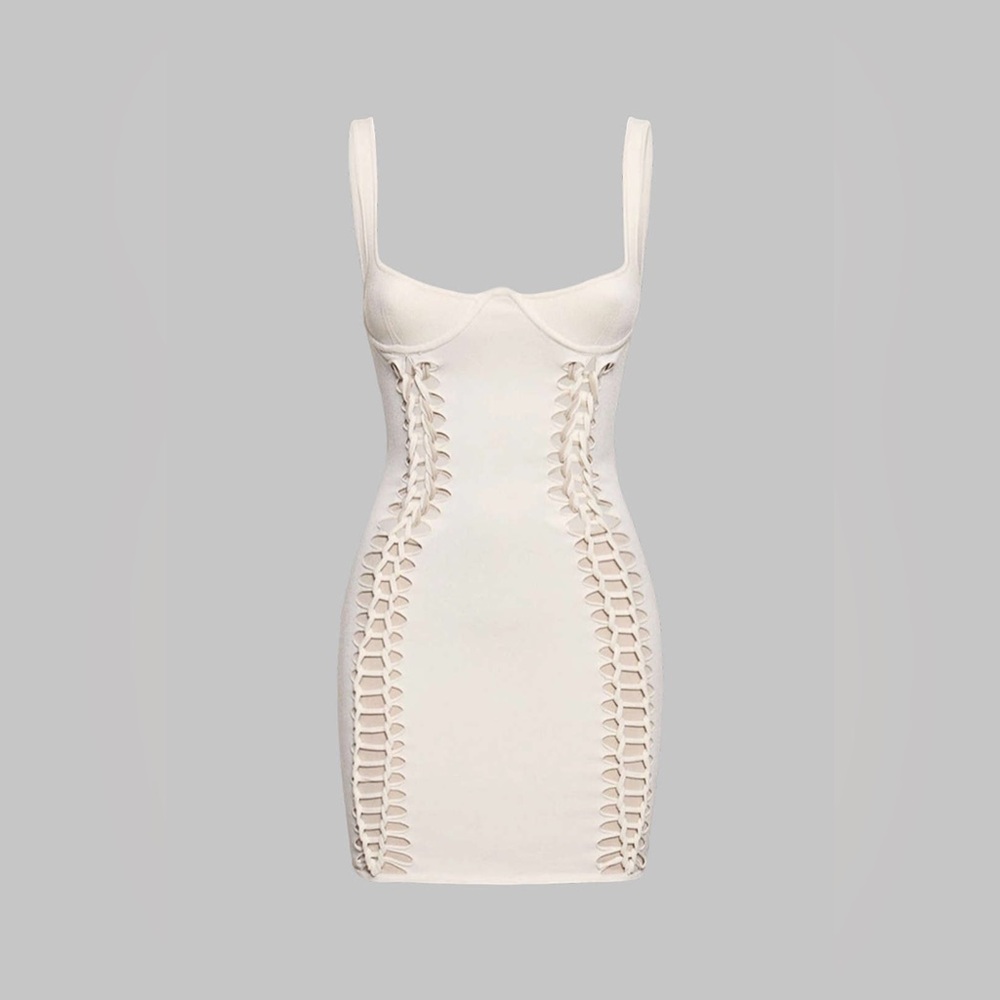 Chic White Cutout Dress L mc5 Braided Cut Out Sleeveless Mini Dress